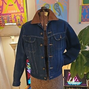 Vintage 1970s 80s Lee Storm Rider Dark Blue Denim Jean Jacket Blanket Lined 36R
